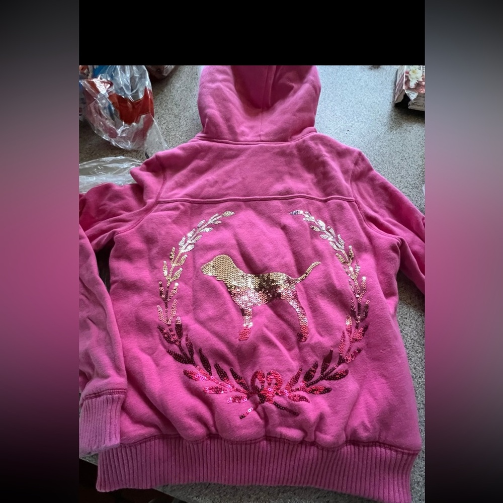 PINK by VS BLING FAUX FUR SHERPA LINED FULL ZIP HOODED JACKET SZ M PINK VINTAGE - Picture 10 of 14